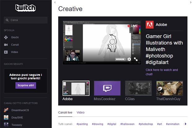 La homepage di Twitch Creative