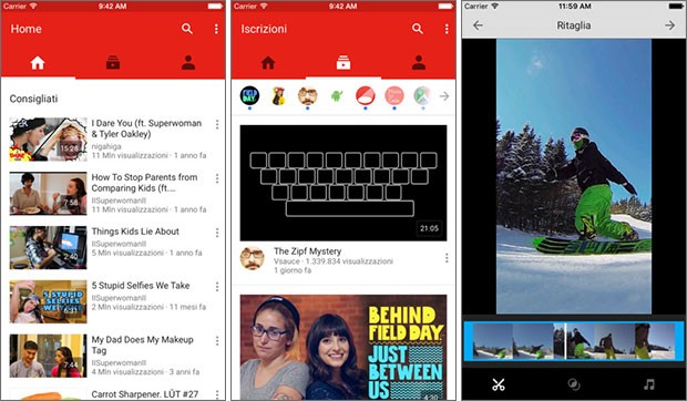 Il nuovo layout dell'app YouTube su iOS