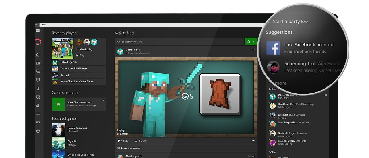 Xbox per Windows 10 trova gli amici su Facebook
