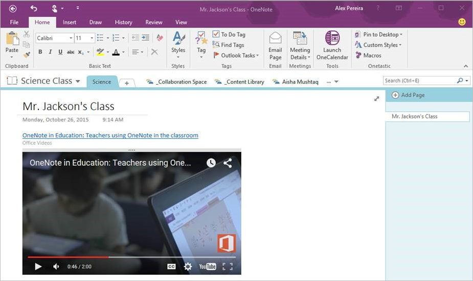 Video embedded in OneNote 2016