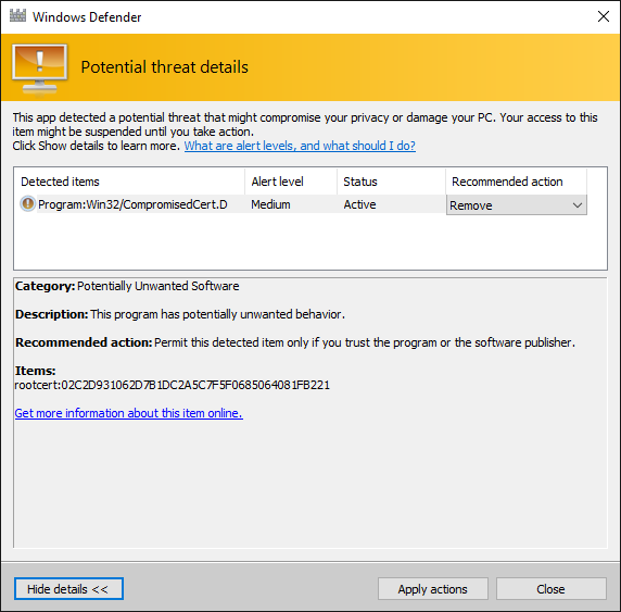 Windows Defender - Certificato Dell