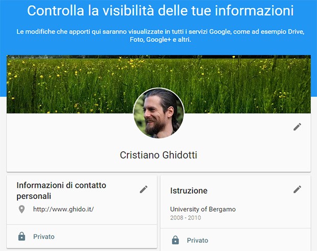 La pagina About me (Informazioni su di me) con i dati personali condivisi sui servizi Google