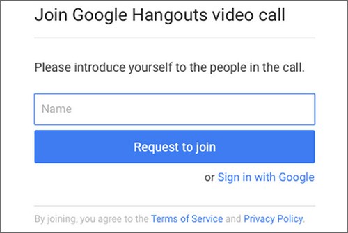 Il modulo per unirsi ad una videochiamata Hangouts senza effettuare il login con l'account Google