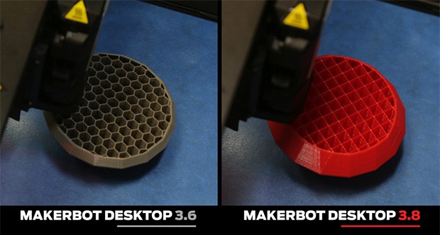 La struttura interna creata dall'algoritmo di MakerBot Desktop 3.6 e quella del nuovo MakerBot Desktop 3.8
