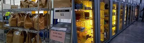 Le bag di carta sono già preparate in modo che i picker mettano i prodotti, poi vengono depositate temporaneamente prima della consegna, separata per zona geografica. A sinistra, i firgoriferi presenti nel magazzino: sono la grande novità rispetto al magazzino centrale di Amazon; qui sono conservati prodotti freschi, tipici da supermercato. Si possono ordinare esattamente come tutto il resto e vederseli consegnati a casa, anche in una sola ora.