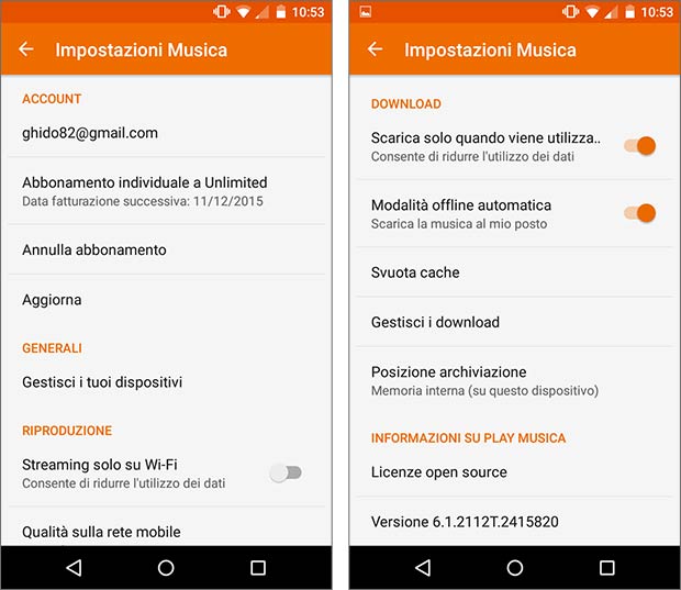Screenshot per le impostazioni dell'app Google Play Musica dopo l'aggiornamento alla versione 6.1