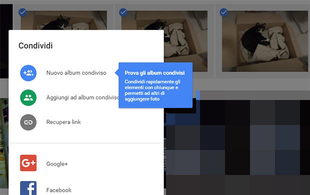 L'opzione per gli Album Condivisi nella versione Web di Google Foto