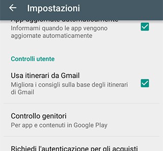 La nuova funzionalità "Usa itinerari da Gmail" nelle impostazioni di Play Store