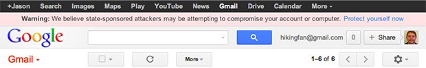 L'avviso mostrato da Gmail ai presunti bersagli degli "attacchi di stato"