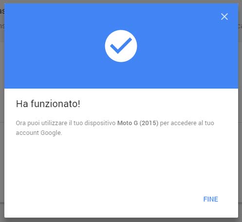 La conferma mostrata al termine del processo di configurazione