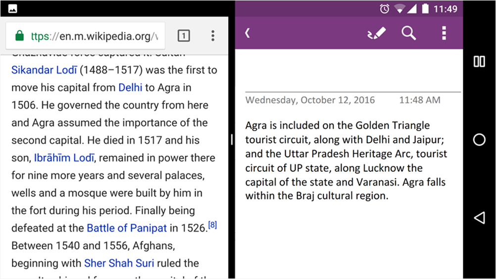 OneNote split screen Android