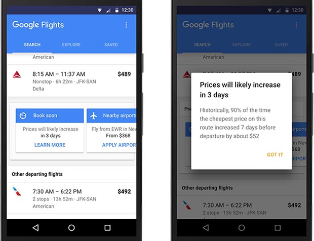 La nuova funzionalità introdotto dall'applicazione Google Ricerca Voli avvisa delle variazioni dei prezzi dei biglietti aerei