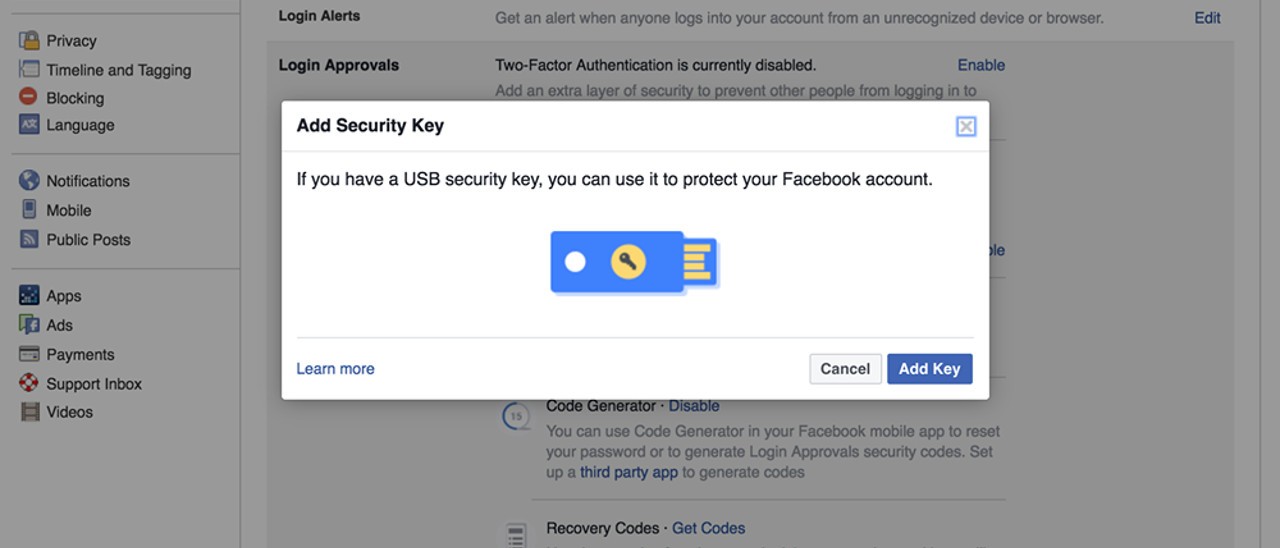 Facebook, autenticazione sicura con le chiavette