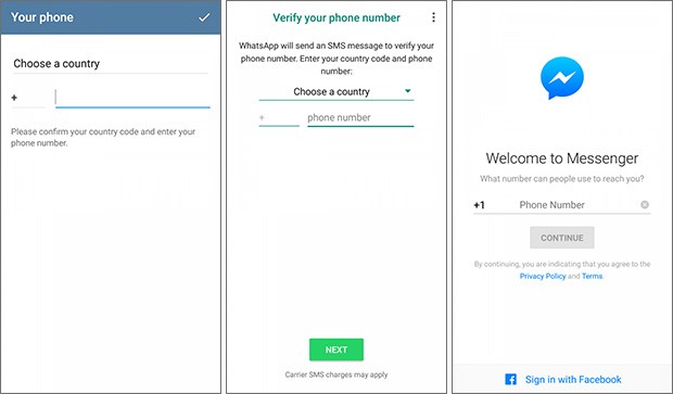 Il processo di autenticazione dell'utente via SMS nelle applicazioni Telegram, WhatsApp e Facebook Messenger