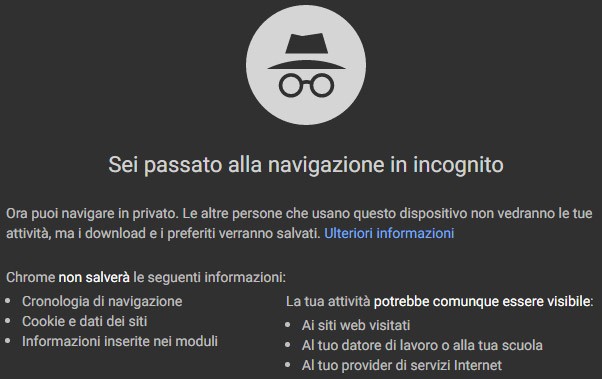 La scheda relativa alla modalità Incognito di Chrome, con l'aggiornamento alla versione 60, mostra una descrizione più esaustiva e completa