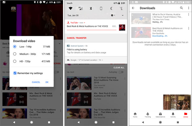 La funzionalità dell'applicazione mobile di YouTube che permette di scaricare i video nella memoria interna per riprodurli in un secondo momento in modalità offline, anche in assenza di connessione