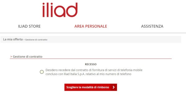 Iliad, il recesso direttamente dall'area personale