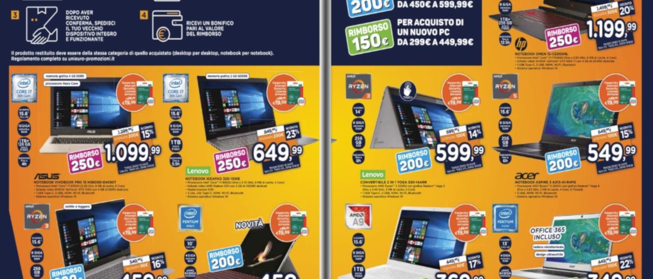 Volantino Unieuro, 250€ di rimborso per un PC