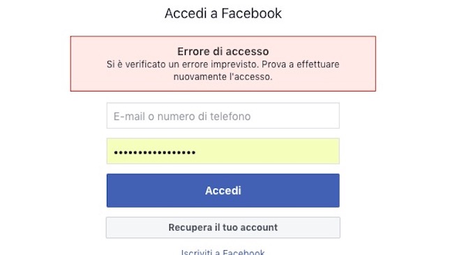 Facebook down oggi, 5 dicembre 2018: Errore di accesso imprevisto