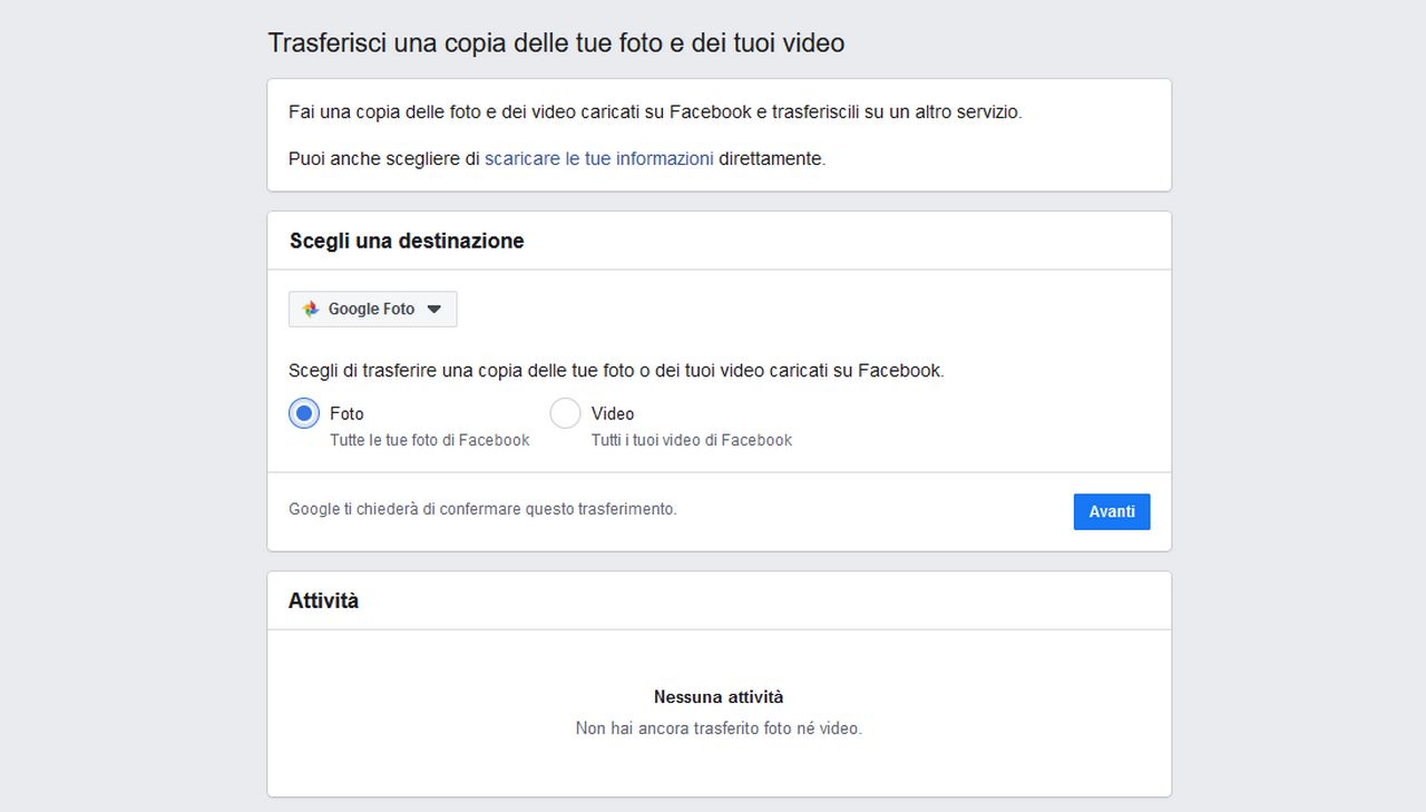 Facebook: trasferire foto e video su Google Foto