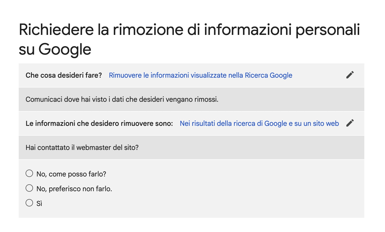 rimozione contenuti Google