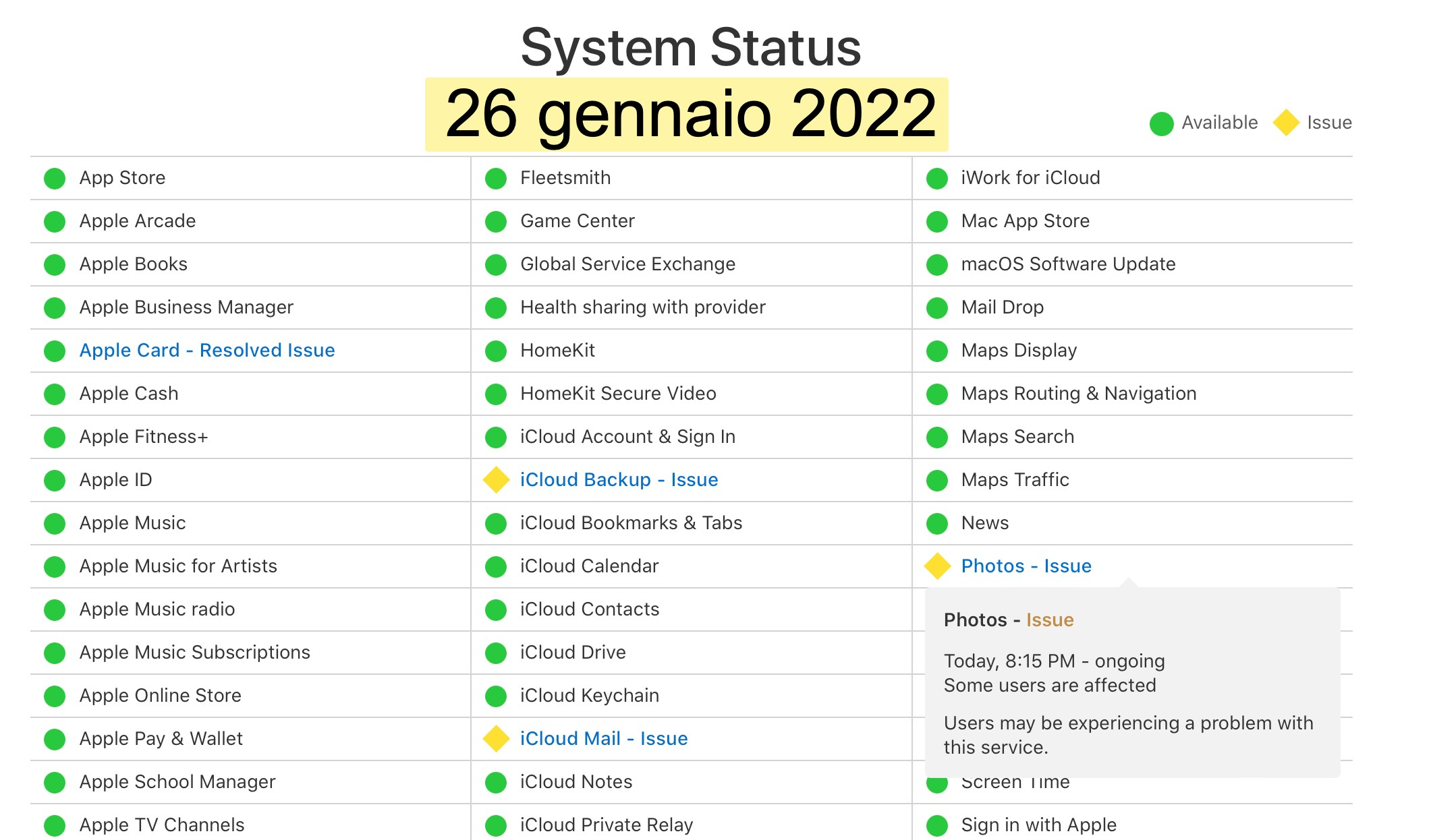 iCloud System Status 26 gennaio 2022