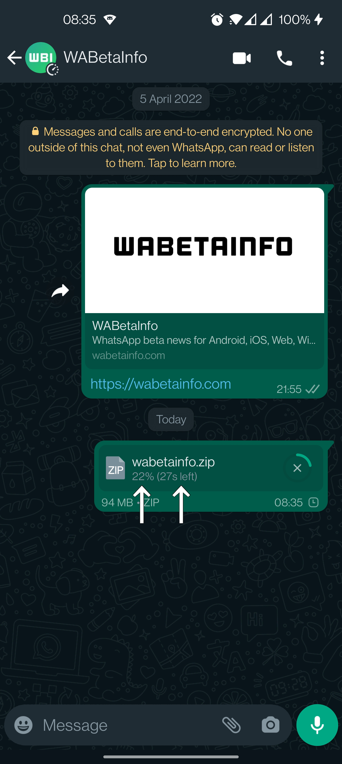 WhatsApp download tempo e percentuale