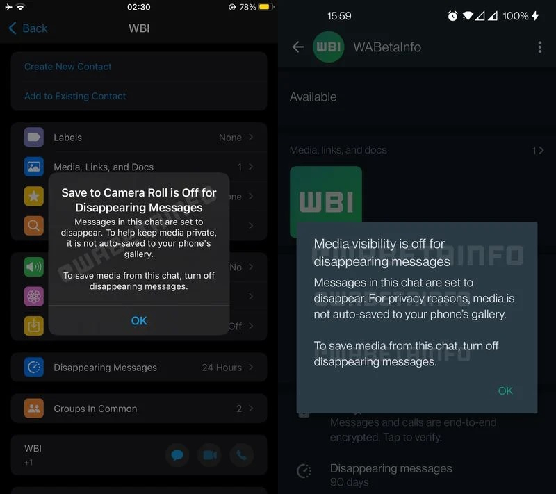 WhatsApp salvataggio automatico foto video messaggi effimeri