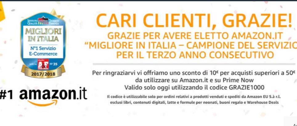 Amazon ringrazia clienti italiani: oggi sconti con iniziativa GRAZIE1000. Ecco come ottenerli