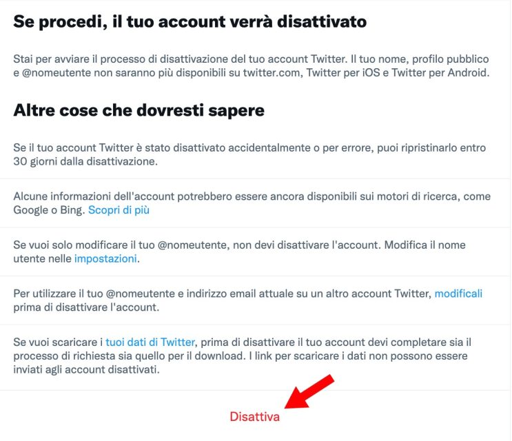 Disattivazione account Twitter via Browser web