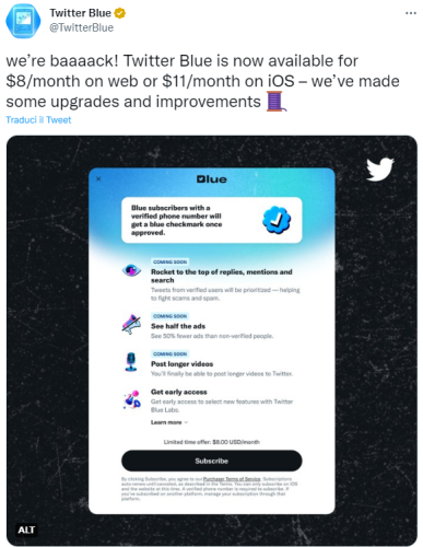 Twitter Blue - Aggiornamento dicembre 2022