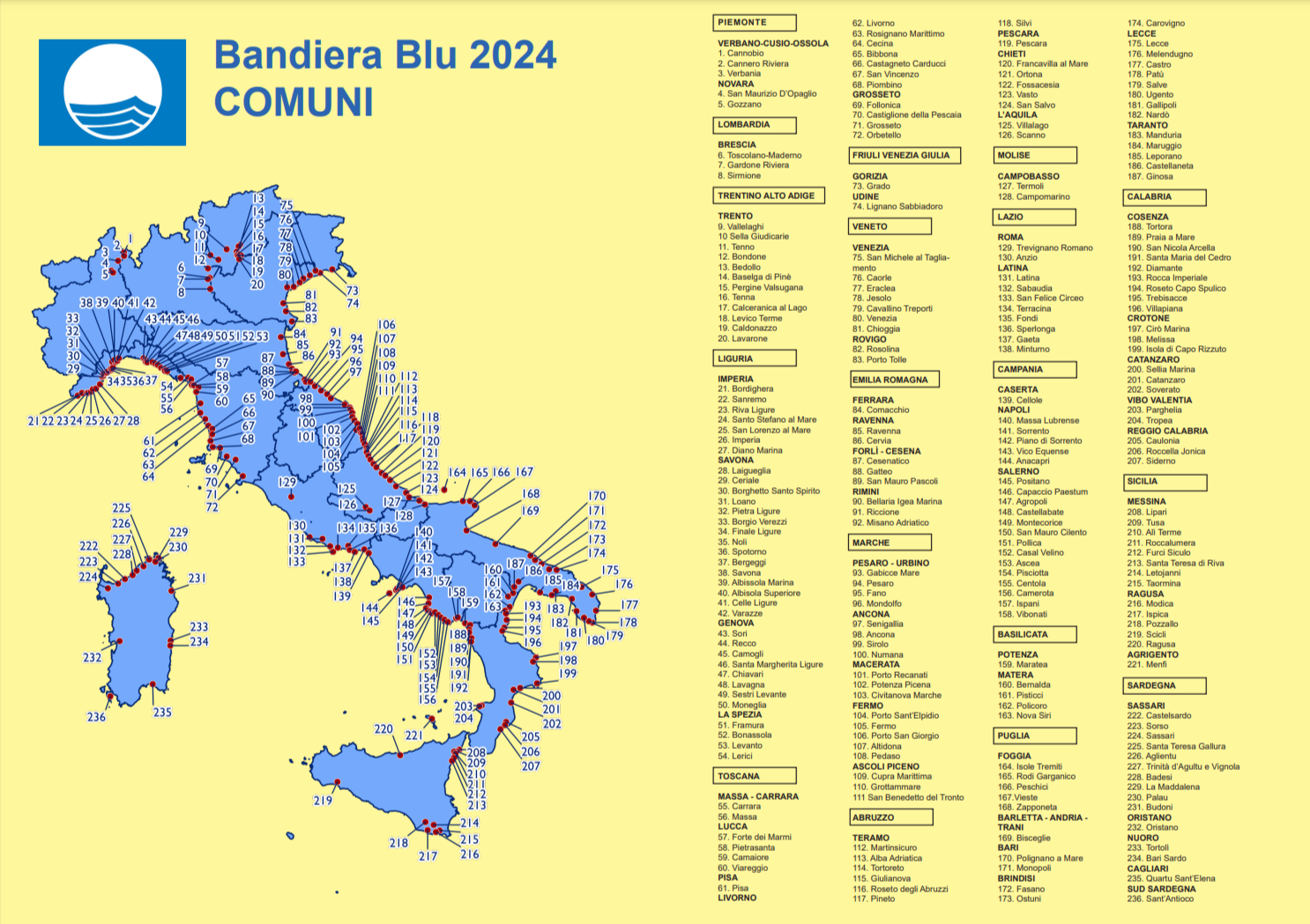 Carta d’Italia con i Comuni Bandiera Blu 2024