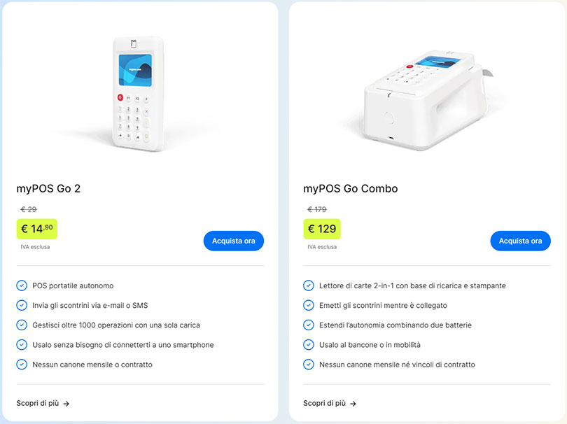 I terminali di pagamento myPOS Go 2 e myPOS Go Combo
