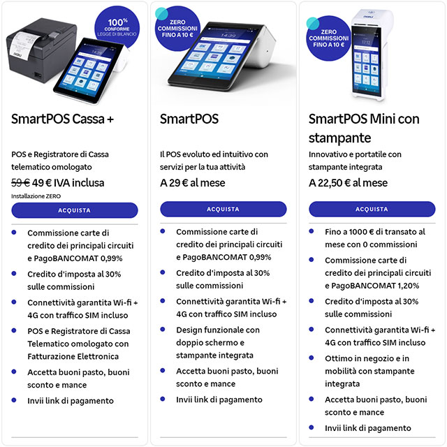 Le soluzioni POS di Nexi a canone mensile: SmartPOS Cassa +, SmartPOS e SmartPOS Mini con stampante