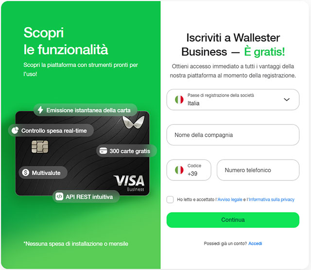 Iscriviti gratis a Wallester Business