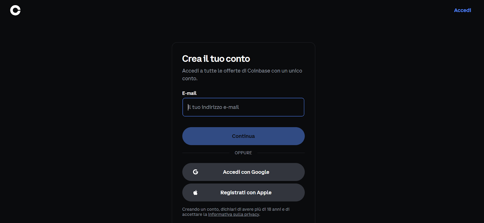 Coinbase creazione conto