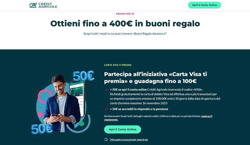 credit agricole promo 400 euro buoni amazon