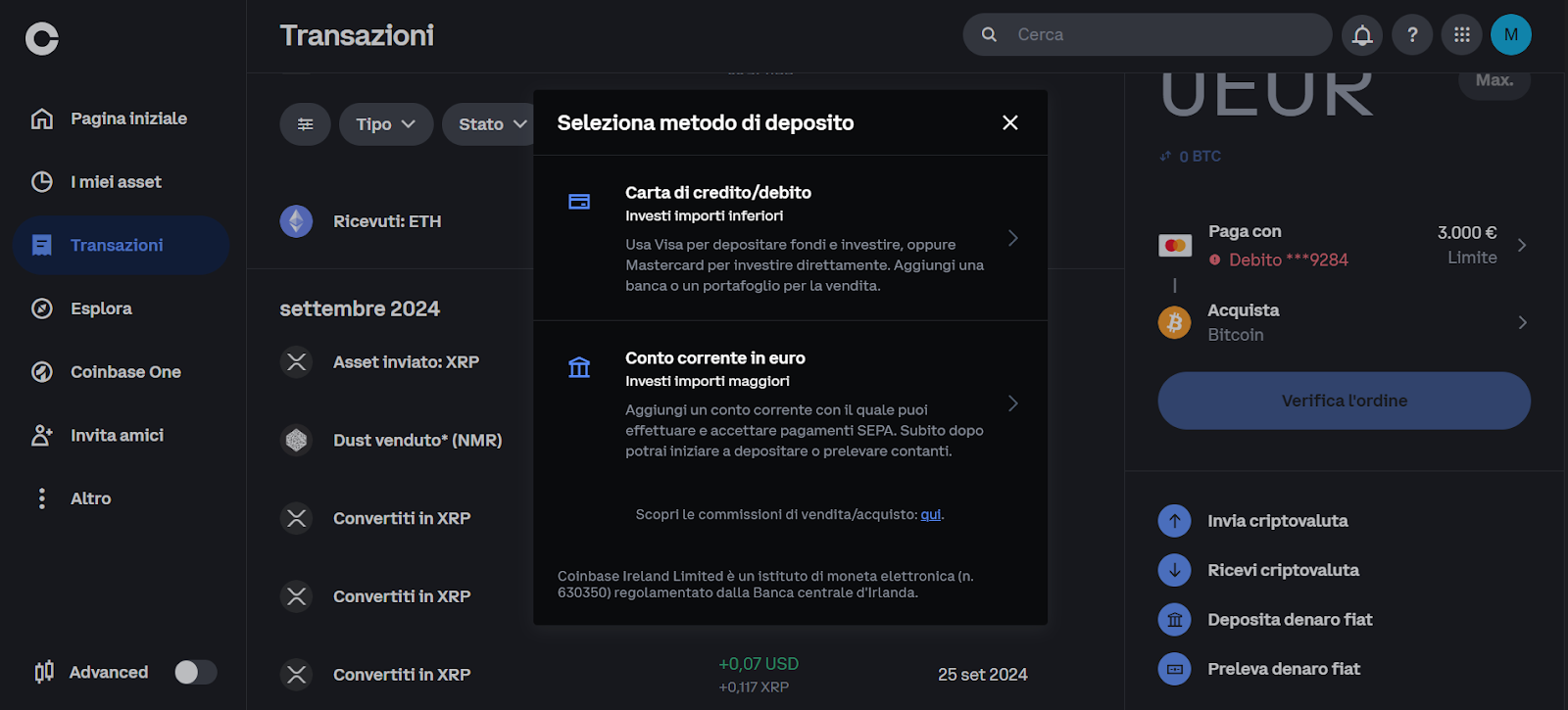 depositi e prelievi coinbase