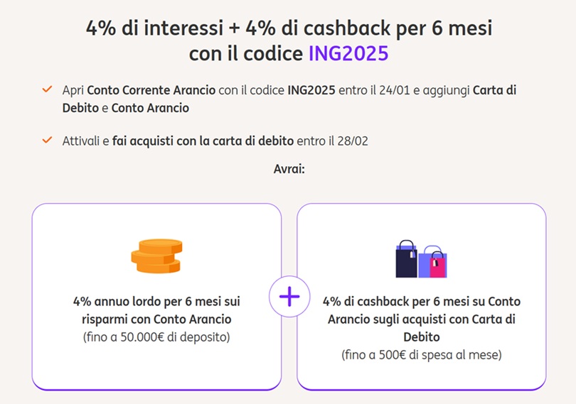 ing 4 per cento interessi e cashback