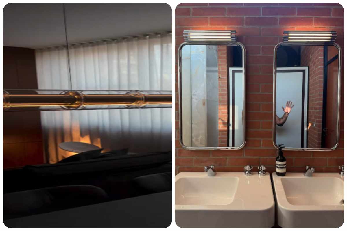 Dettagli della casa di Stefano de Martino a Milano. Lampada soggiorno e bagno urban