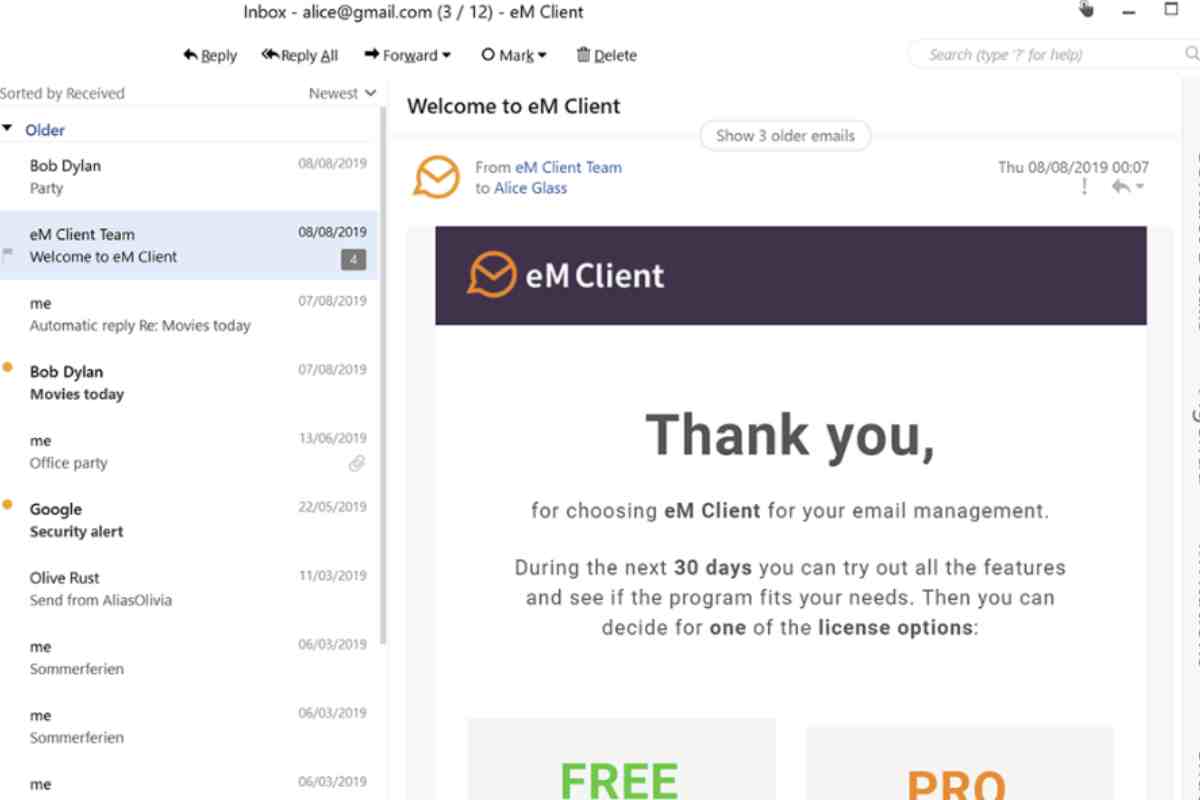 Chi cerca qualcosa di più familiare spesso finisce su eM Client. Il motivo è semplice: l’interfaccia ricorda molto quella di Outlook,
