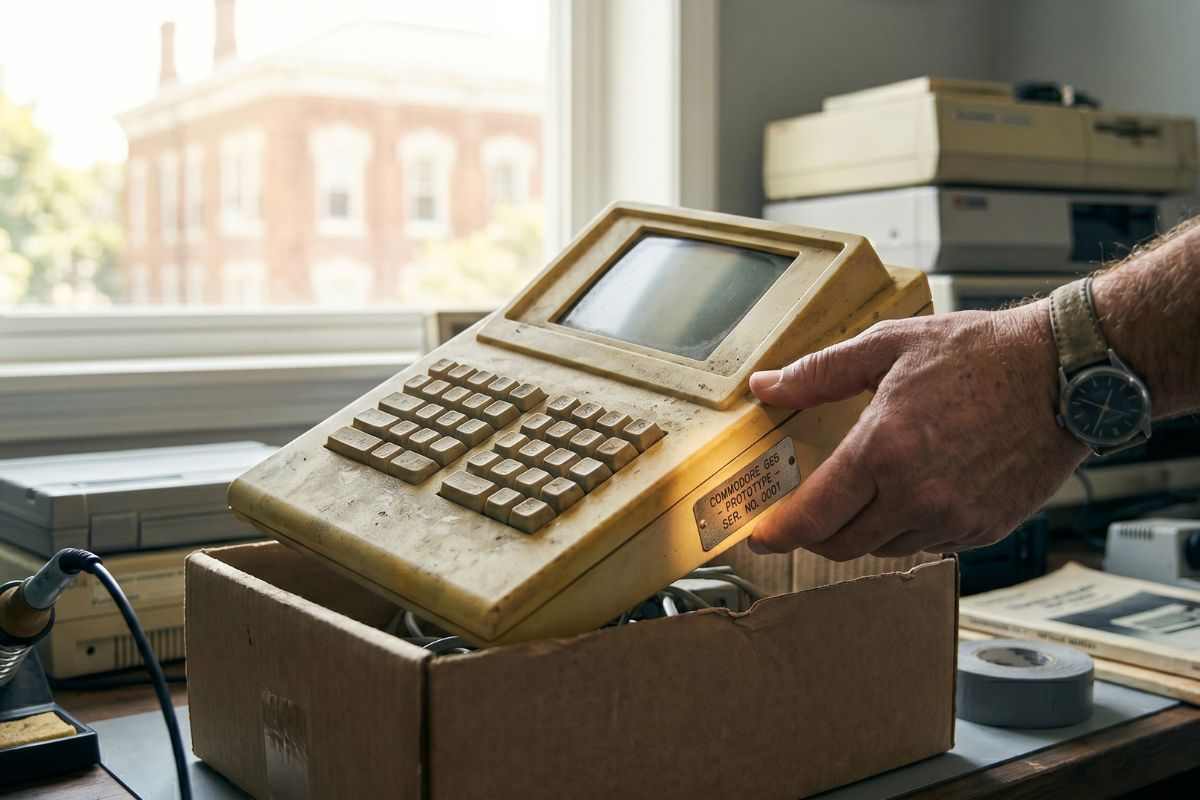 la mano di un appassionato sta sollevando il raro prototipo di Commodore 65