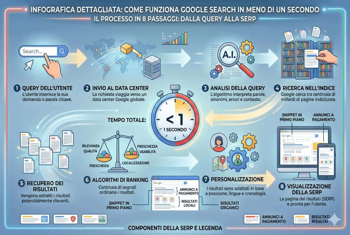 Infografica che illustra gli 8 passaggi del funzionamento di Google Search, dalla query dell'utente alla visualizzazione della SERP in meno di un secondo