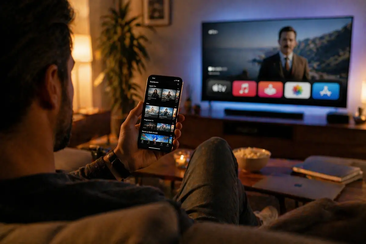 uomo con iPhone e Tv Smart