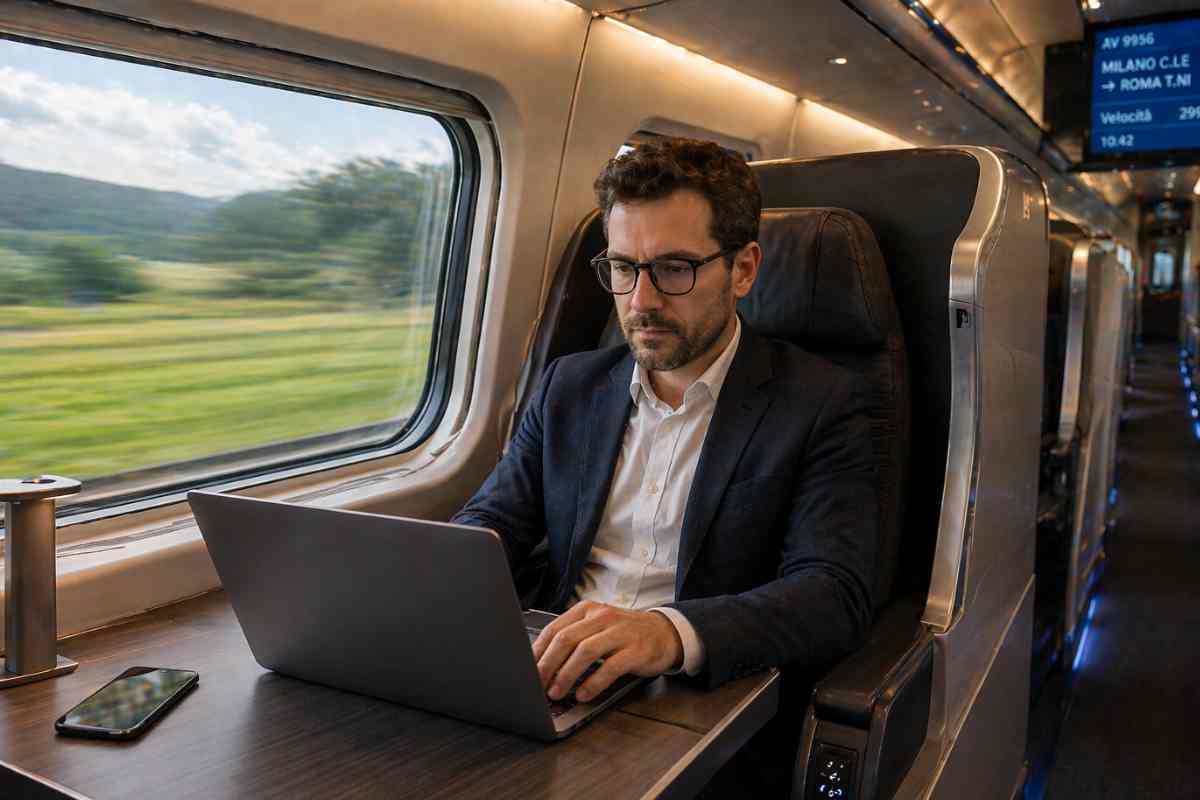 uomo lavora in treno con pc 