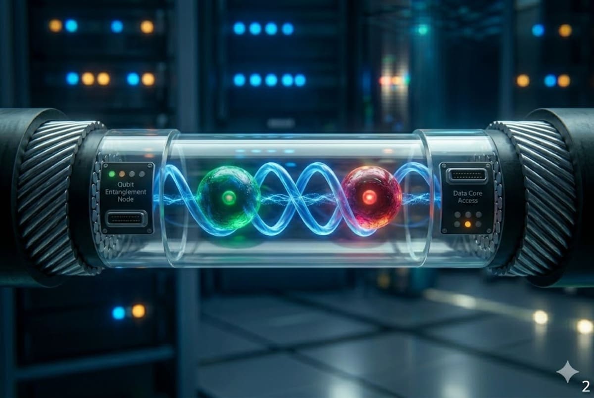 Una rappresentazione concettuale di due fotoni legati da correlamento quantistico all'interno di un cavo ottico sottomarino.