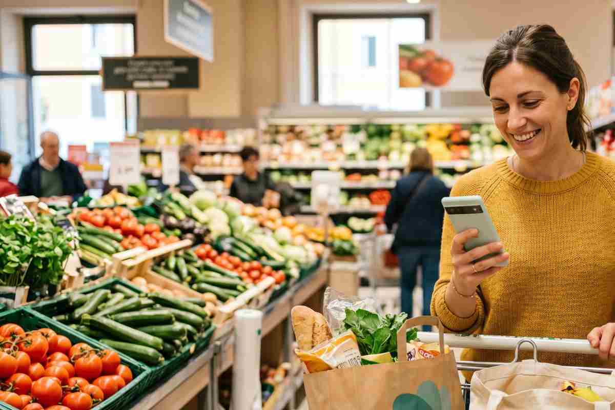 Donna al supermercato che guarda il telefono 