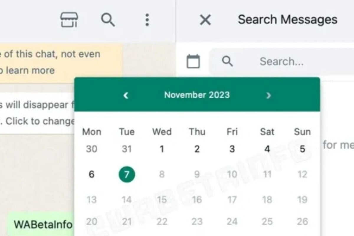 Interfaccia di WhatsApp con il calendario aperto per la ricerca dei messaggi per data specifica.