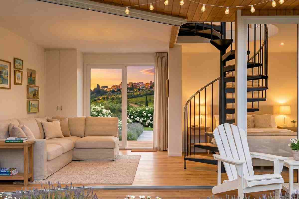 Interno luminoso e moderno di una casa prefabbricata economica acquistata su Amazon con vista sul giardino al tramonto