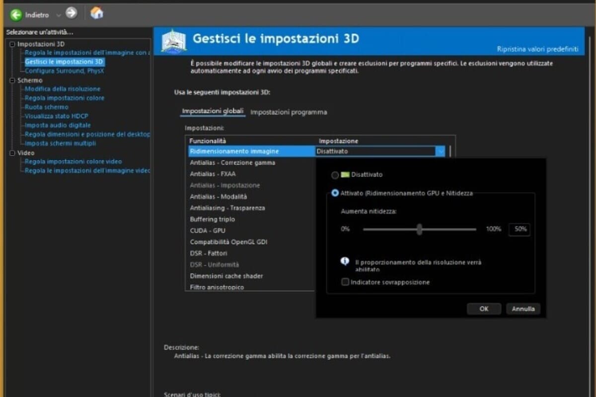 Il Pannello di Controllo Nvidia con la sezione Gestisci impostazioni 3D e la voce Modalità di gestione dell'alimentazione impostata su Preferisci le prestazioni massime per eliminare lo stuttering